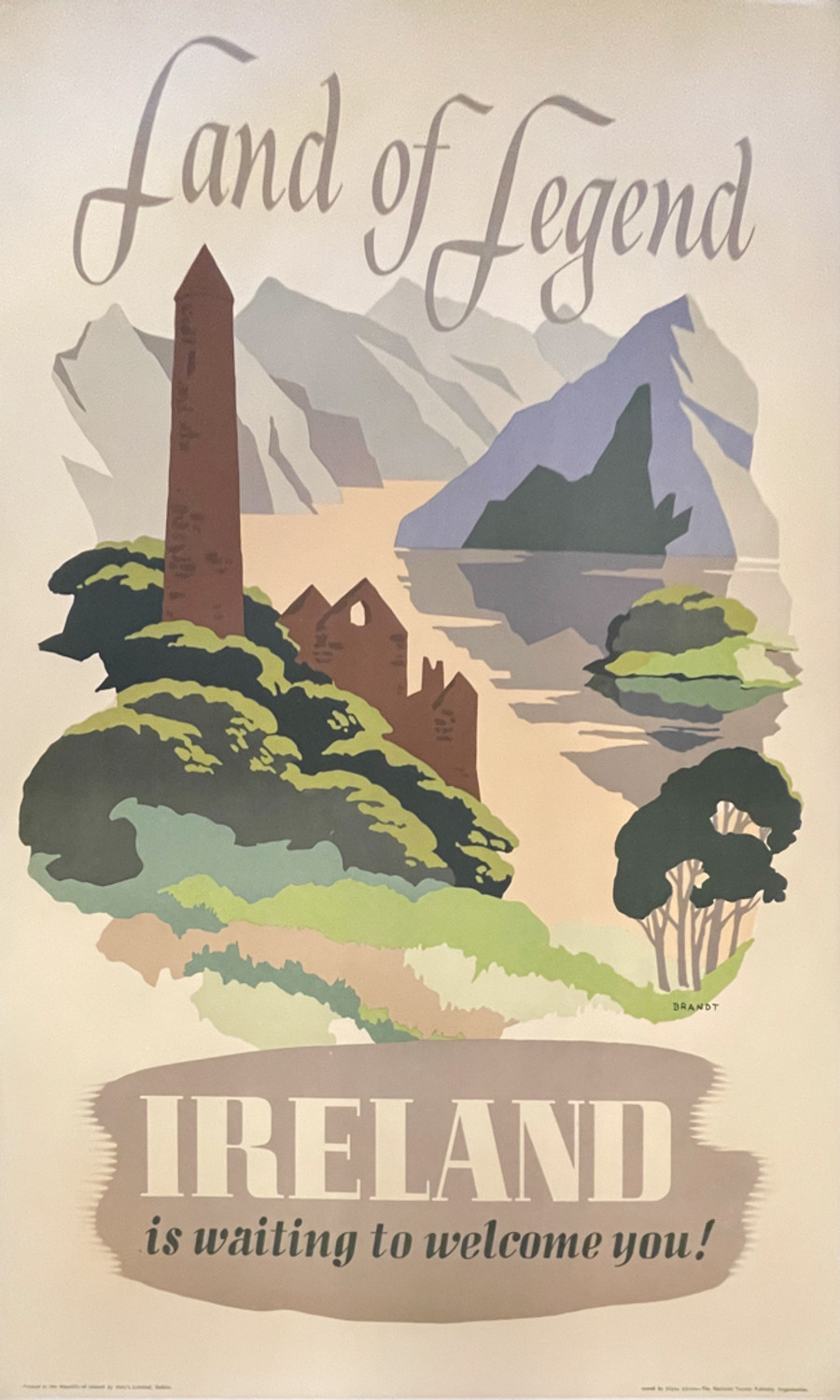 Legend of Ireland original vintage Irish travel poster printed in 1955 depicts scenes around Dublin