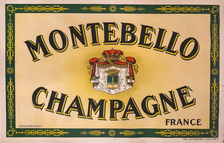 Montebello Champagne original French poster printed 1930 depicts bottle of champagne