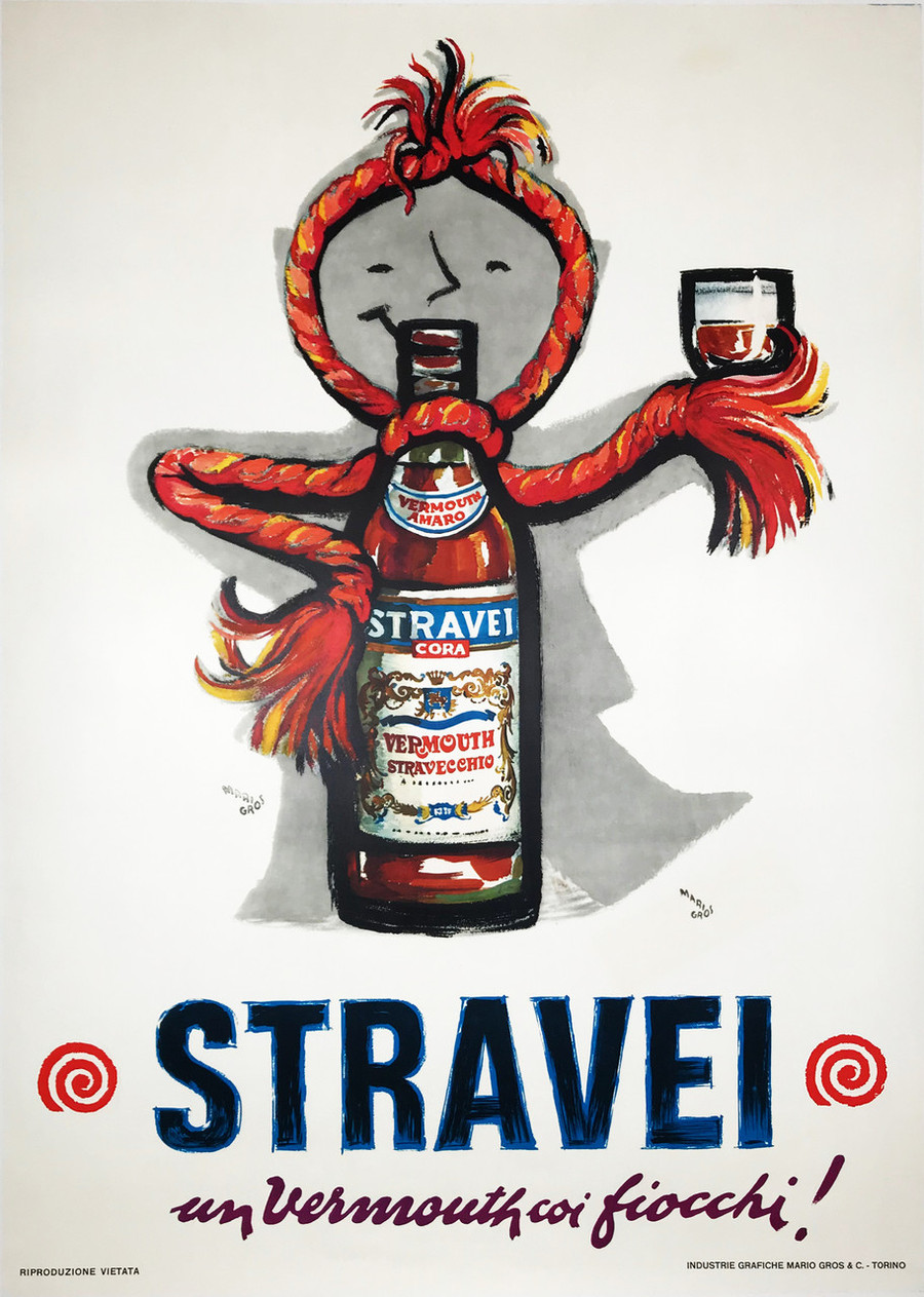 Stravel vermouth poster depicts stick man holding wine bottle