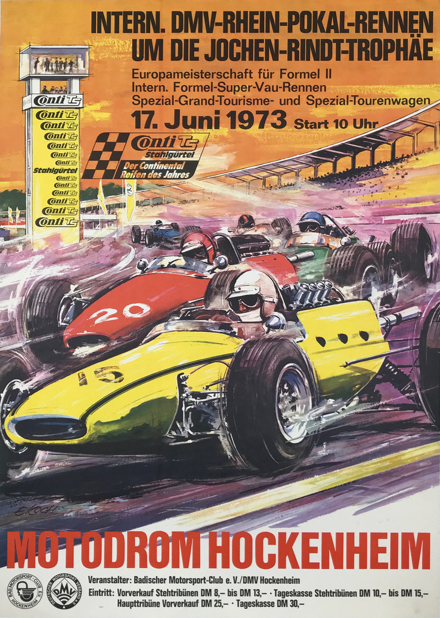Motodrom Hockenheim 1973 poster shows cars racing around a track