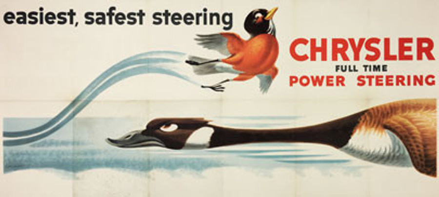 Chrysler Full Time Steering Vintage 1950s poster shows bird flying over duck