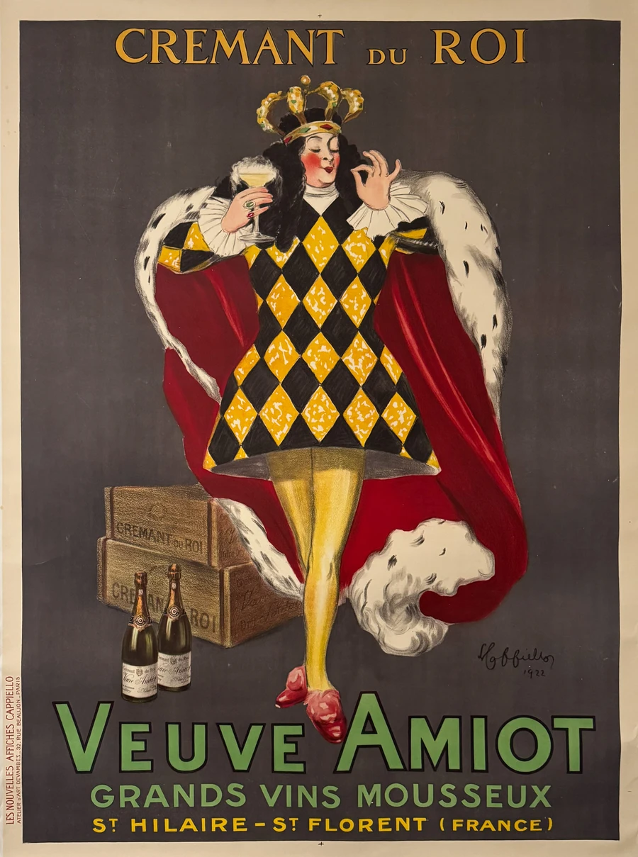 Cremant Du Roy by Leonetto Capiello depicts aKing wearing a red cape sipping liquour printed 1922