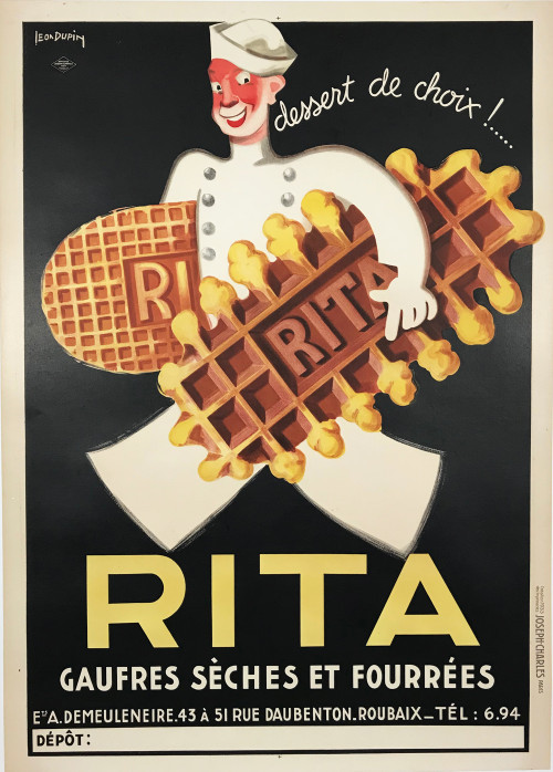 Rita Gaufres Biscuits Poster by Leon Dupin printed 1933 on linen depicts man holding biscuits
