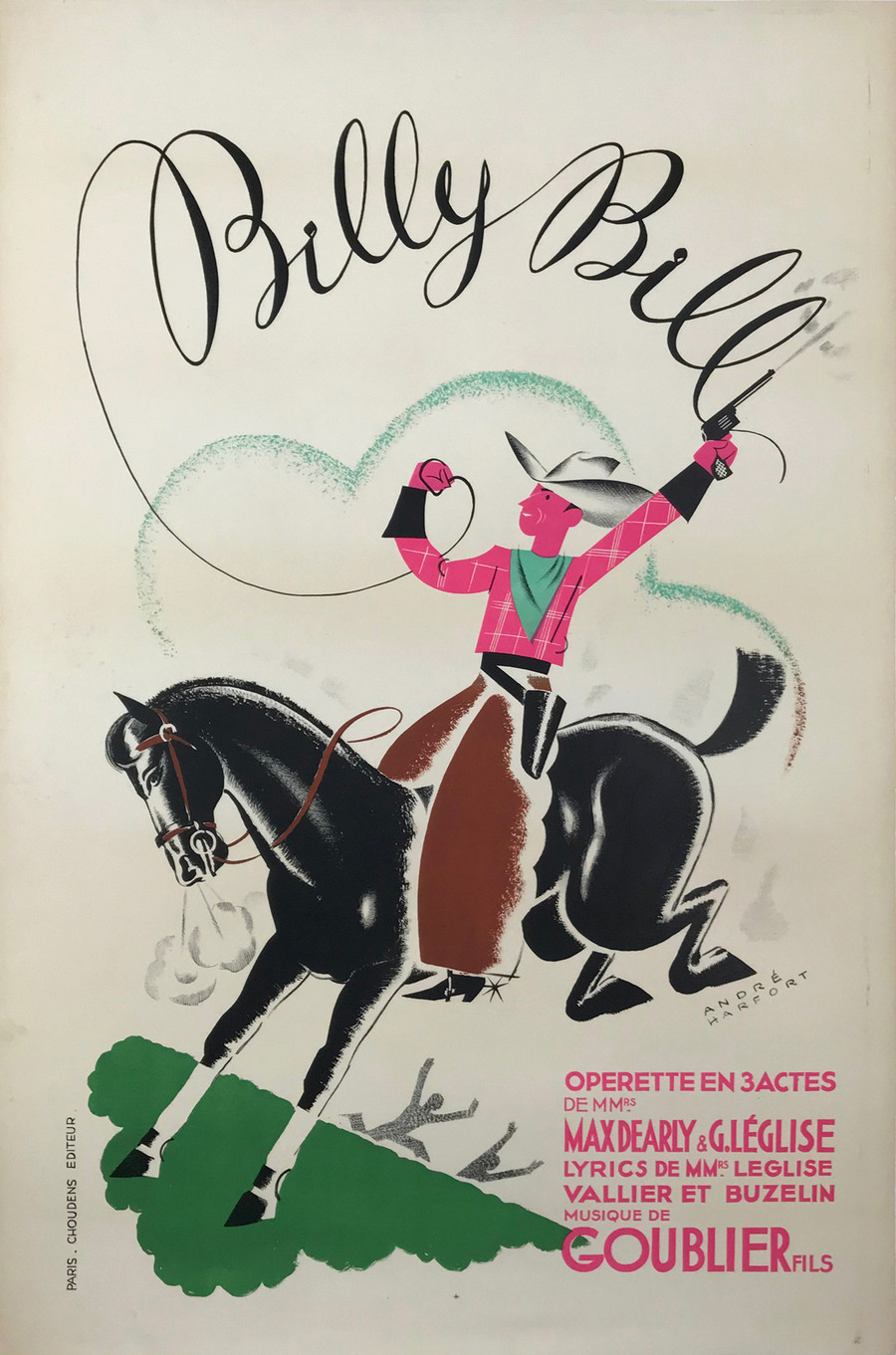 Billy Bill original French lithograph poster printed 1928 for an operetta depicts cowboy on black horse linen backed