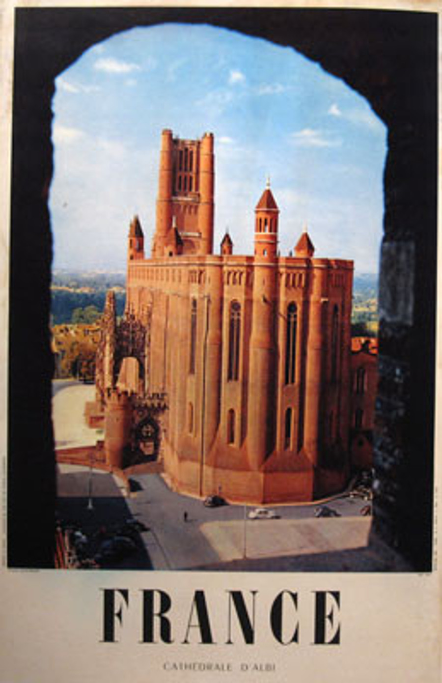 France Cathedral D'Albi vintage travel poster from 1954 depicts Cathedral Basilica of Saint Cecilia in Albi, southern France.