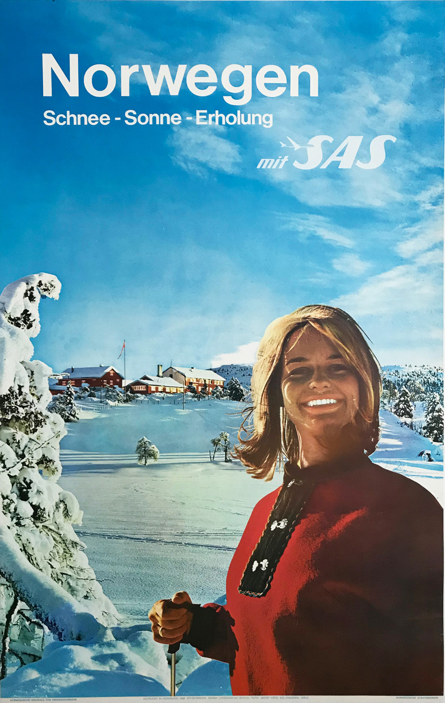 Norwegen SAS Airlines vintage airline  travel  poster from 1960s depicts blonde woman skiing