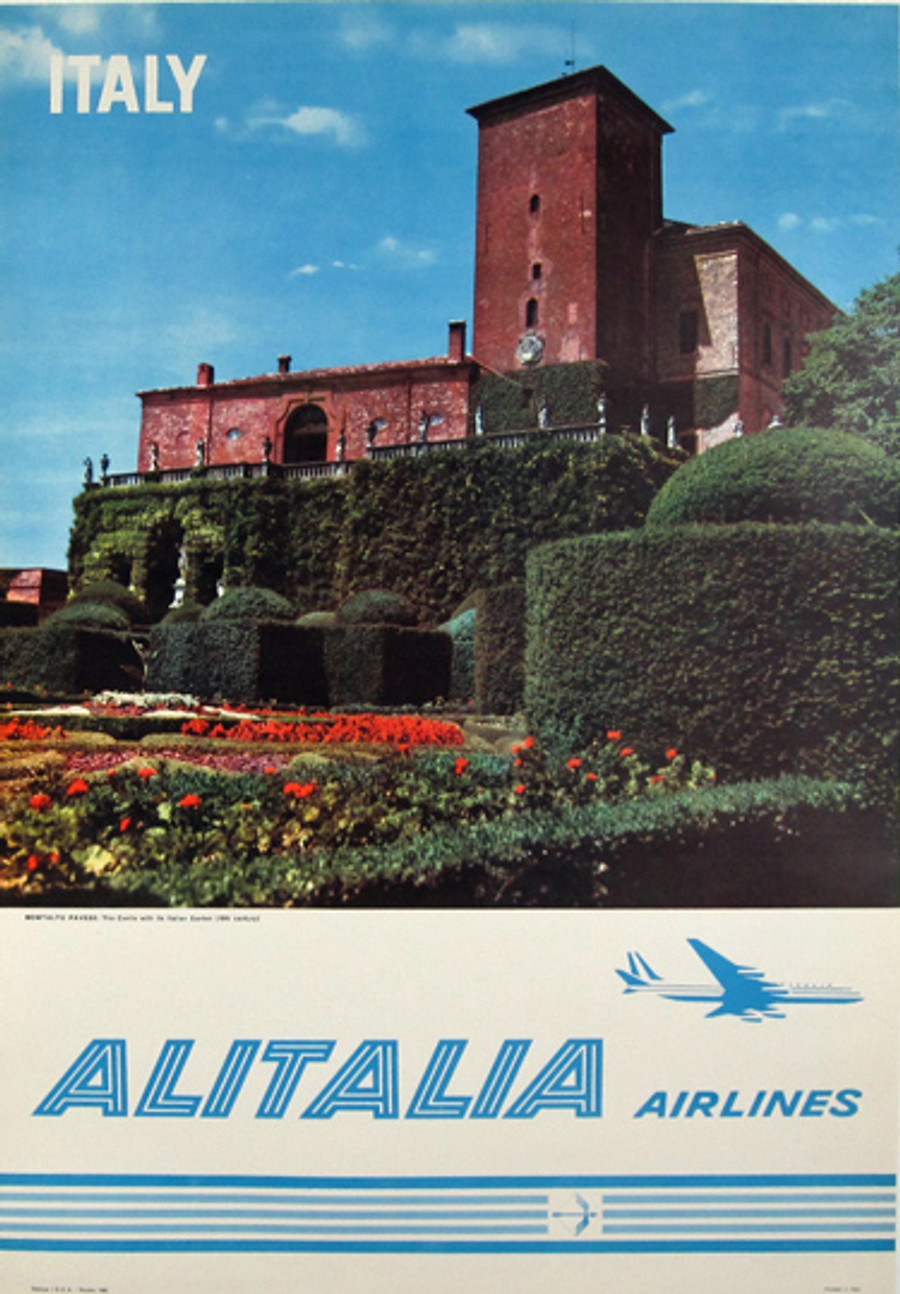 Air Italia original vintage travel poster depicts castle and garden