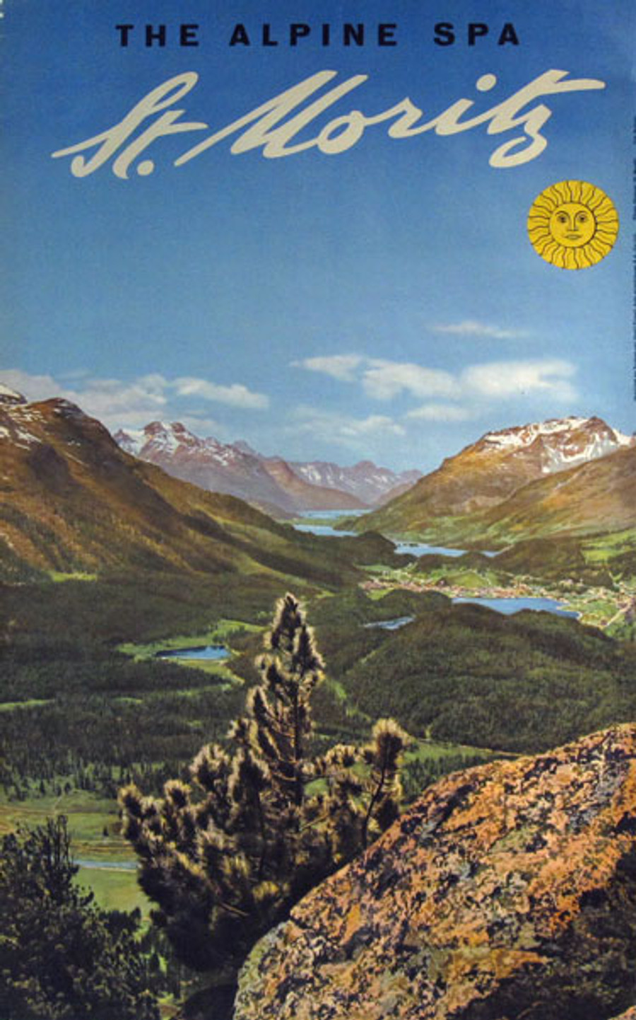 St. Moritz  the Alpine Spa original 1952 travel poster linen asked depicts village in Swill Alps