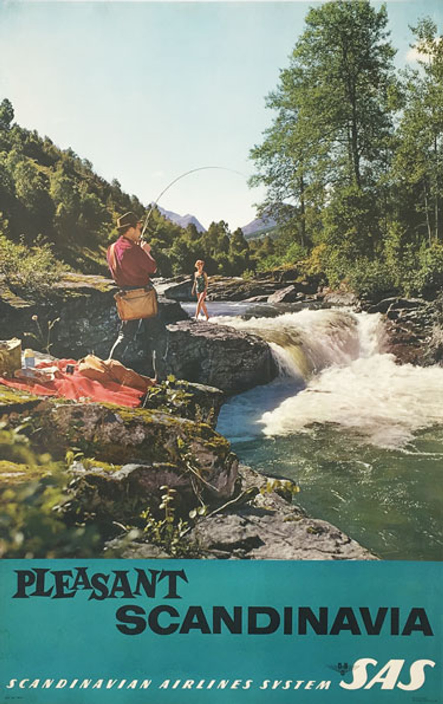 Pleasant Scandinavia SAS original vintage travel poster depicts couple fishing in Swedish countryside