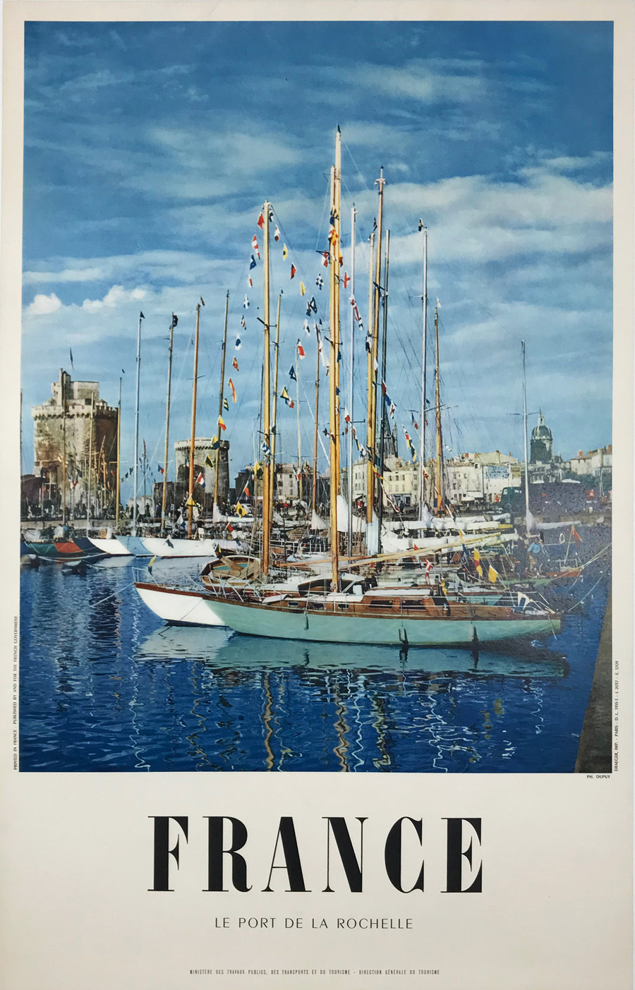 Le Port De La Rochelle original 1950s vintage travel poster linen backed depicts sail boats and a marina