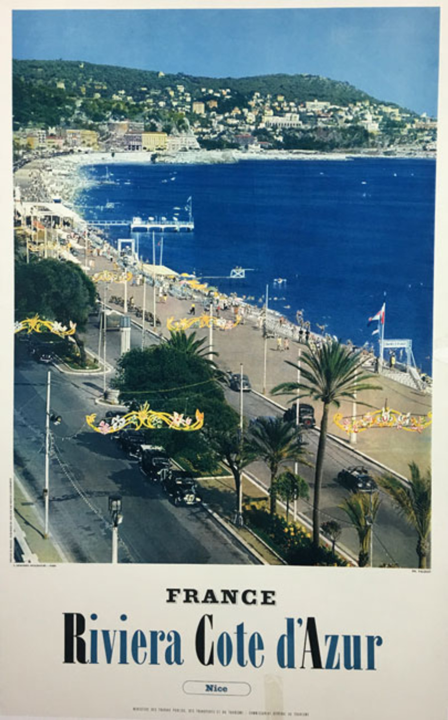 Riviera Cote d Azur French photogravure travel destination poster by Falquet circa 1960 depicts seaside town