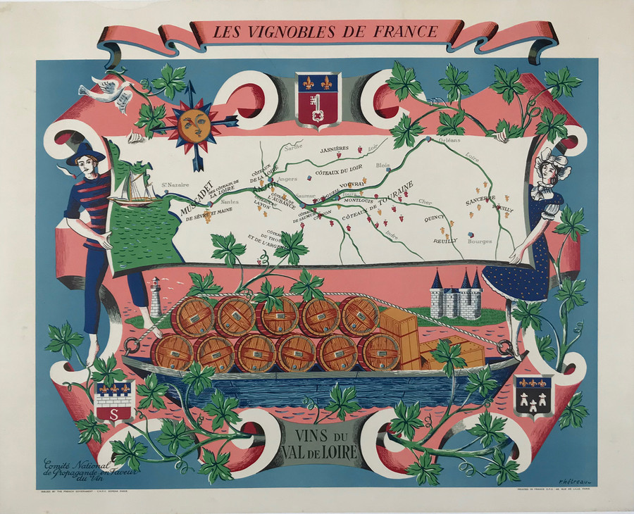 Vins Du Val De Loire Les Vignobles de France, original vintage French travel poster depicts map illustrating wine region in France.