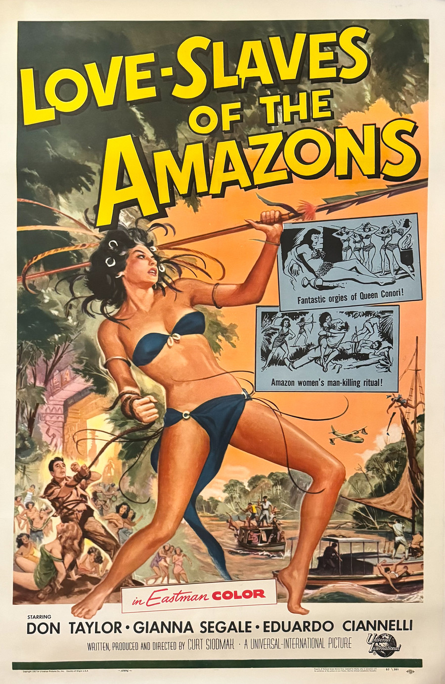 Love Slaves of the Amazons (1957) original movie poster features a woman in a bikini holding a whip