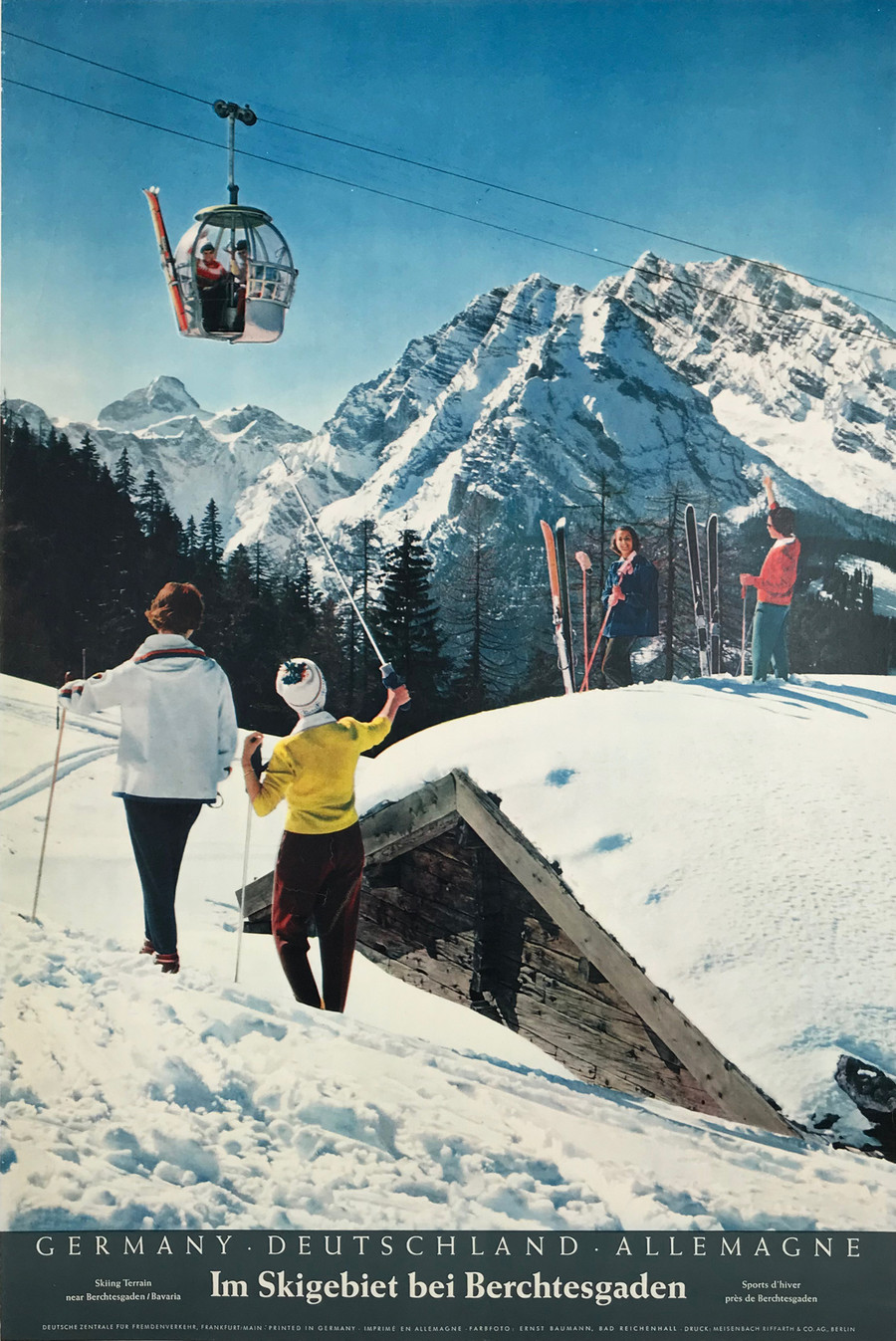 Germany Skiing Terrain near Berchtesgaden Bavaria vintage travel poster depicts skiers and ski lift in German alps