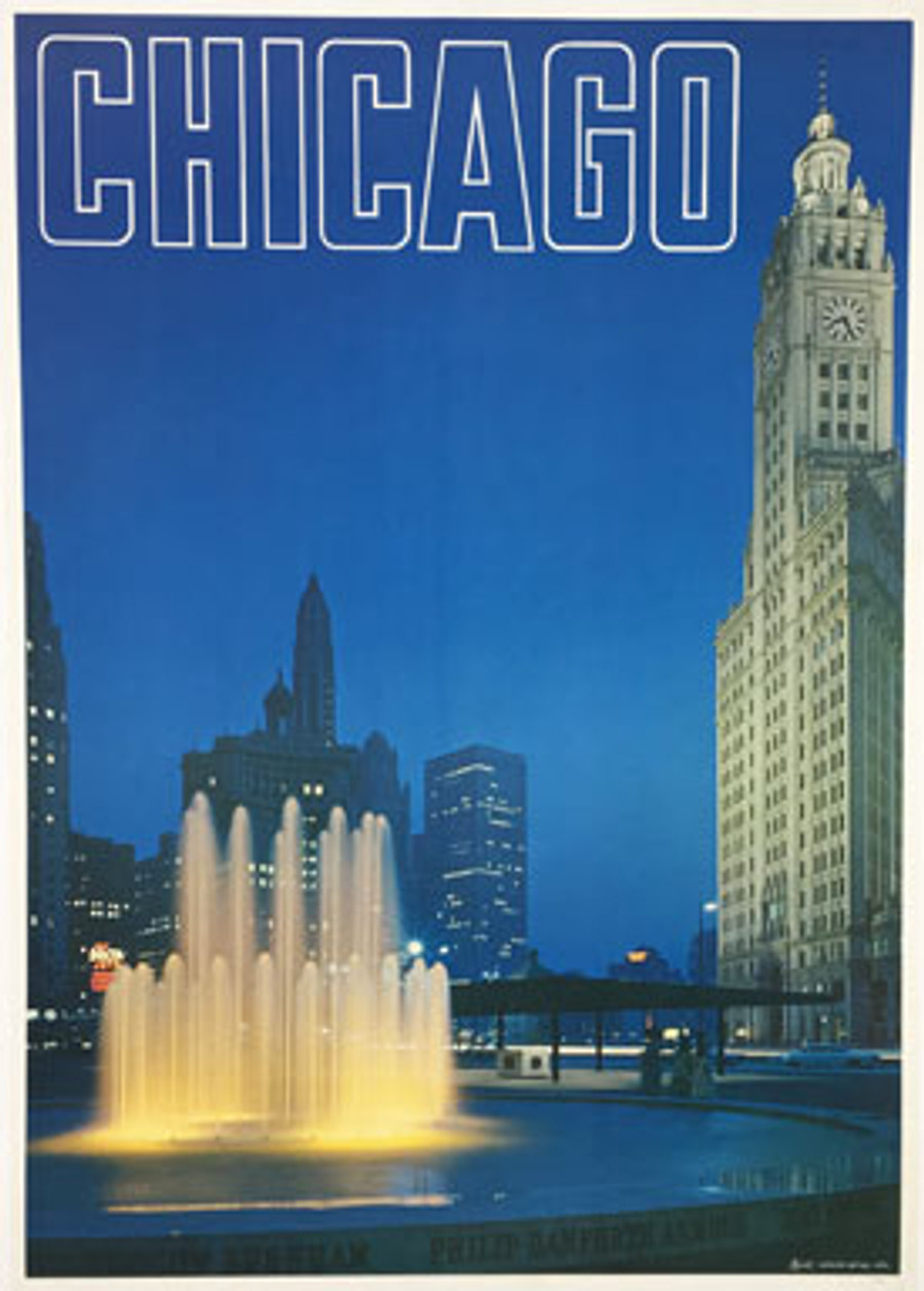 Chicago travel poster circa 1970 by Looart Colorado depicts Buckingham Fountain in Chicago