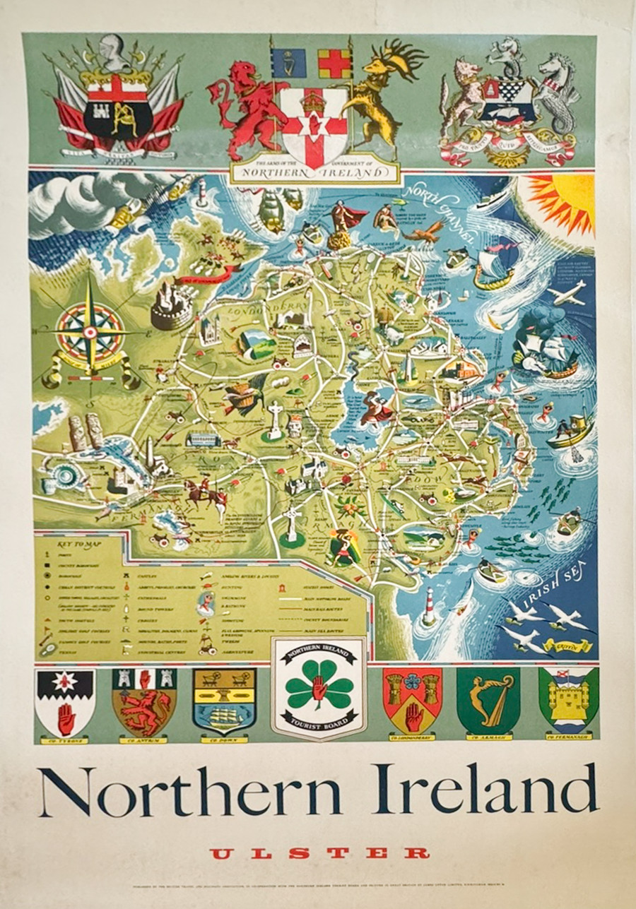 Northern Ireland Ulster travel poster by James Upton printed 1959 depicts landmarks