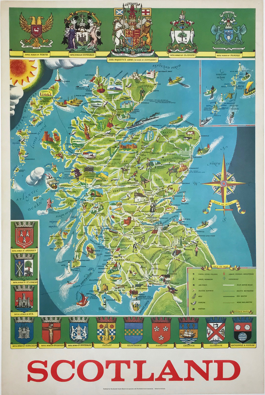 Vintage Original Illustrated Travel Poster Map of Scotland by Frederick Griffin Printed 1950