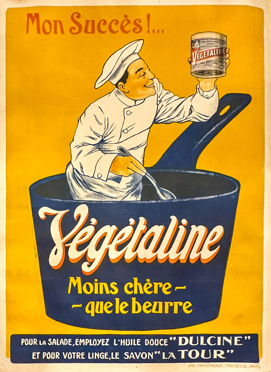 Vegaline original antique French poster showing a chef holding margarine in a pot against a yellow and blue background linen backed.