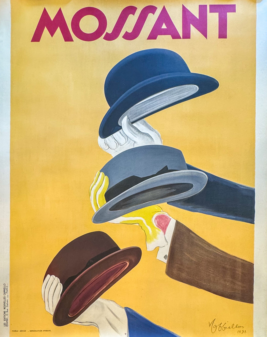 Mossant Hats Original French poster printed 1938 by Leonetto Cappiello linen backed and in A condition shows hands holding hats