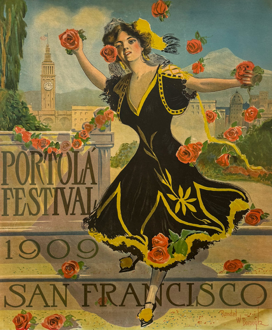 Portola Festival 1909 by Randal W. Borough depicts woman holding flowers against backdrop of the Ferry Building, linen backed