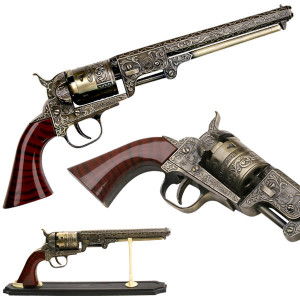 DECORATIVE WESTERN REVOLVER DISPLAY 13" OVERALL
•13" OVERALL
•STEEL CONSTRUCTION PISTOL DESIGN BARREL
•WESTERN STYLE NAVY REVOLVER WITH STAND
•ORNATE ENGRAVINGS ON BODY
•INCLUDES STAND
