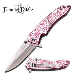 Pink Rose Spring Assisted Knife
•3" 2.8MM THICK BLADE, STAINLESS STEEL
•MIRROR BLADE
•3.75" CLOSED
•PINK ROSE TEXTURE ON CD GLARE ALUMINUM HANDLE
•INCLUDES POCKET CLIP
 Pink Rose Spring Assisted Knife
•3" 2.8MM THICK BLADE, STAINLESS STEEL
•MIRROR BLADE
•3.75" CLOSED
•PINK ROSE TEXTURE ON CD GLARE ALUMINUM HANDLE
•INCLUDES POCKET CLIP