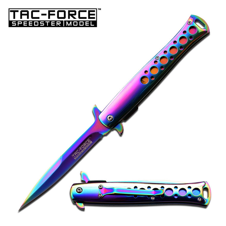 Spring Assisted Stiletto Knife
•4.2" 3MM THICK BLADE, STAINLESS STEEL
•RAINBOW TITANIUM COATED BLADE
•5" CLOSED
•RAINBOW TITANIUM COATED STAINLESS STEEL HANDLE
•INCLUDES POCKET CLIP
