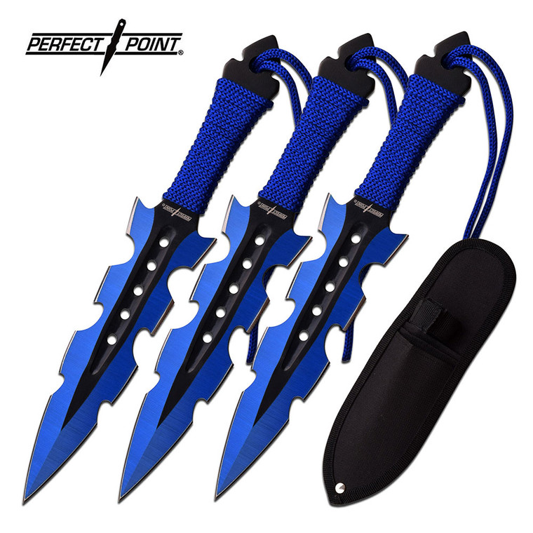 Blue & Black Throwing Knife Set
7.5" OVERALL
•STAINLESS STAINLESS BLADE
•BLUE & BLACK TWO-TONE BLADE
•NYLON CORD WRAPPED HANDLE
•INCLUDES NYLON SHEATH
