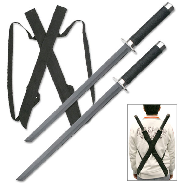 Samurai Twin Sword Set 
•25.5" OVERALL, TWIN SWORD
•STAINLESS STEEL
•BLACK BLADE
•BLACK CORD WRAPPED HANDLE
•INCLUDES NYLON SHEATH WITH CARRYING SHOULDER STRAP
