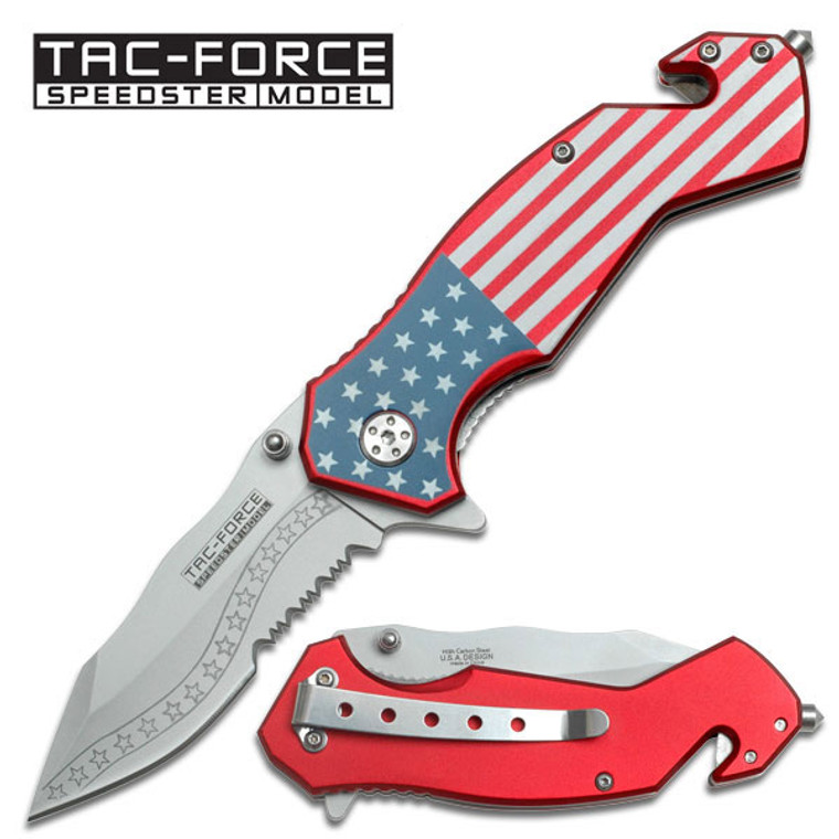 AMERICAN FLAG KNIFE ALUMINUM HANDLE

Spring Assisted Knife
•3.25" 3MM THICK BLADE, STAINLESS STEEL
•SILVER HALF SERRATED BLADE
•4" CLOSED
•AMERICAN FLAG GRAPHIC ALUMINUM HANDLE
•INCLUDES POCKET CLIP, SEAT BELT CUTTER & GLASS BREAKER
