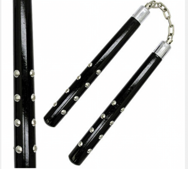 Black Hardwood Handle nunchucks With Chrome Studded Handles
12" Overall