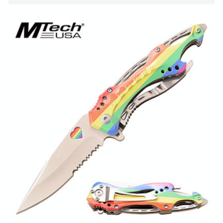 Rainbow SPRING ASSISTED KNIFE 
3.5" 3CR13 STEEL BLADE
4.75" ALUMINUM HANDLE
IMPOSSED PRINTED RAINBOW ARTWORK ON HANDLE
INCLUDES POCKET CLIP, SCREWDRIVER