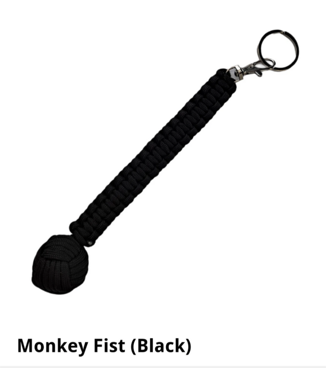 Black 3 oz Monkey Fist Key Chain 

4.5 inch Circumference 

About 3 oz Steel Ball 

With 20 feet Of Paracord

 