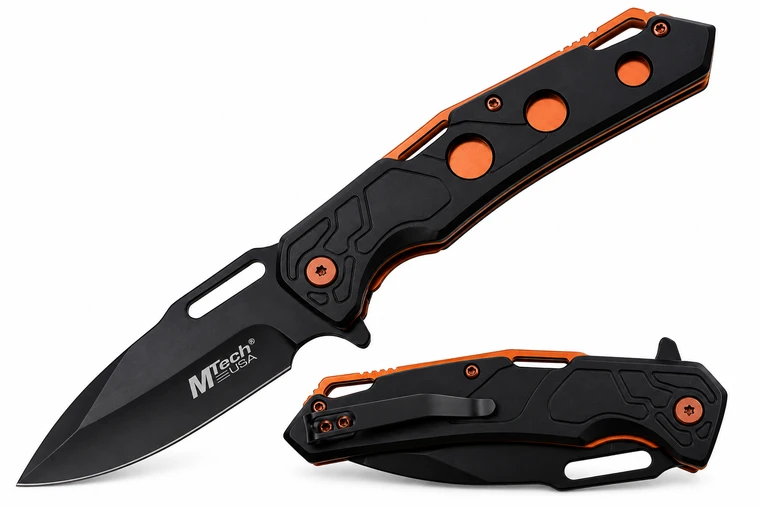 MTech Spring Assisted Drop Point Knife – Black & Anodized Alloy Handle