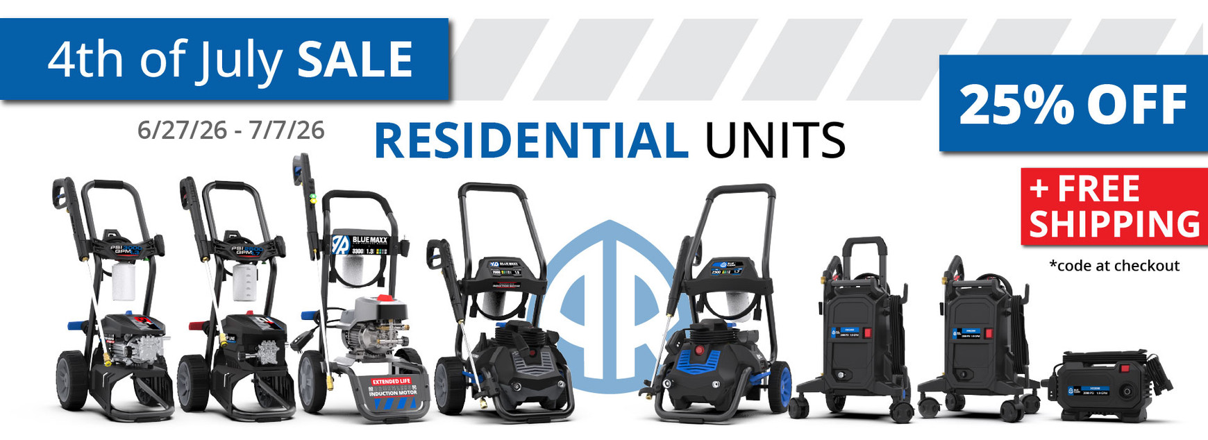 4th of July sale: 25 percent off Blue Clean residential pressure washers with free shipping, June 27 through July 7. Shop now
