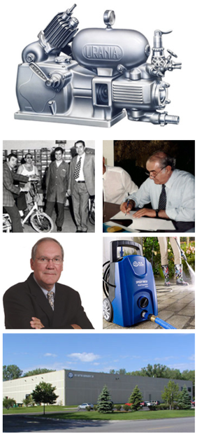 Vertical collage illustrating Annovi Reverberi’s history, from early mechanical pump designs and archival photos to modern pressure washers and global headquarters