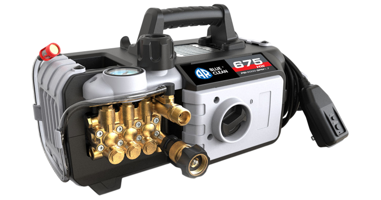 AR Blue Clean PRO AR675HW hot water electric pressure washer with brass pump, induction motor, on/off switch, detergent siphon, and carry handle