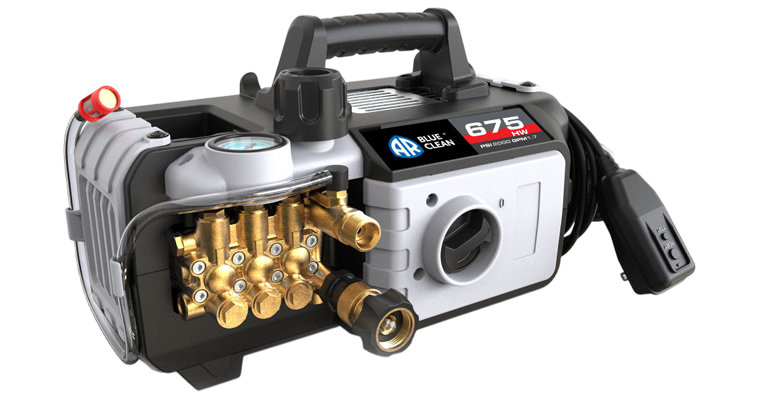 AR Blue Clean PRO AR675HW hot water electric pressure washer with brass pump, induction motor, on/off switch, detergent siphon, and carry handle