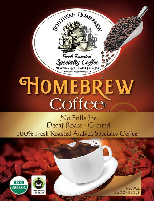No Frills Joe Decaf Roast Ground Organic 100% Arabica 12oz Coffee By Southern Homebrew Frontlabel