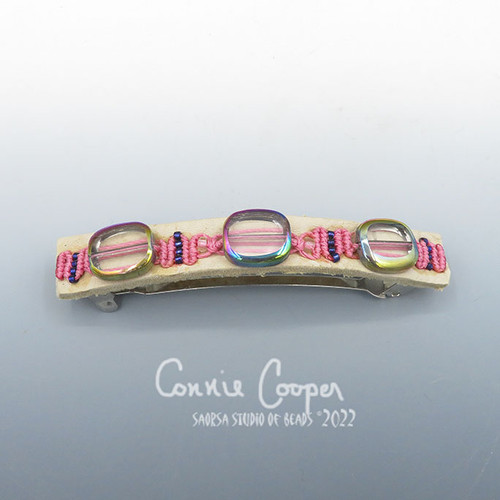 Barrette, (Medium- Beads, Simple), Pink & Iridecents on Cream MBar22-4880