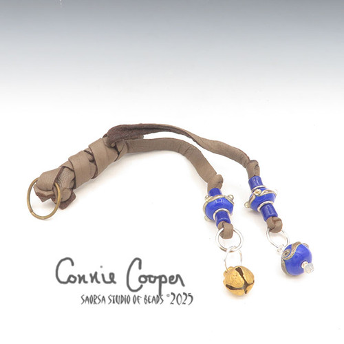 Braid Wrap, Tan with Blue w/Silvered Ivory Beads,  Bead & Bell or Coin Charms BW25-7218