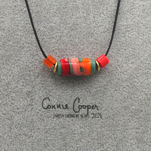 1-Bead in  Green w/Red, Coral & Orange  OB26-7830