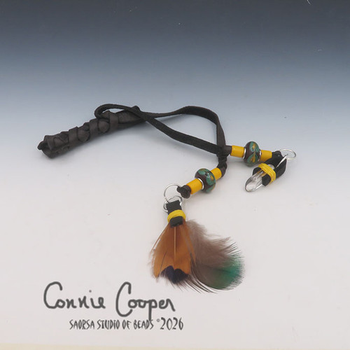 Braid Wrap, Dk. Brown w/Dk. Brown, Green & Yellow Beads, Feather & Crystal Charms BW26-7856