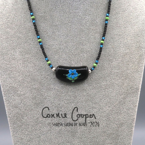 Necklace, Fancy Single Bead, Black w/Blue Floral  GBN26-8129