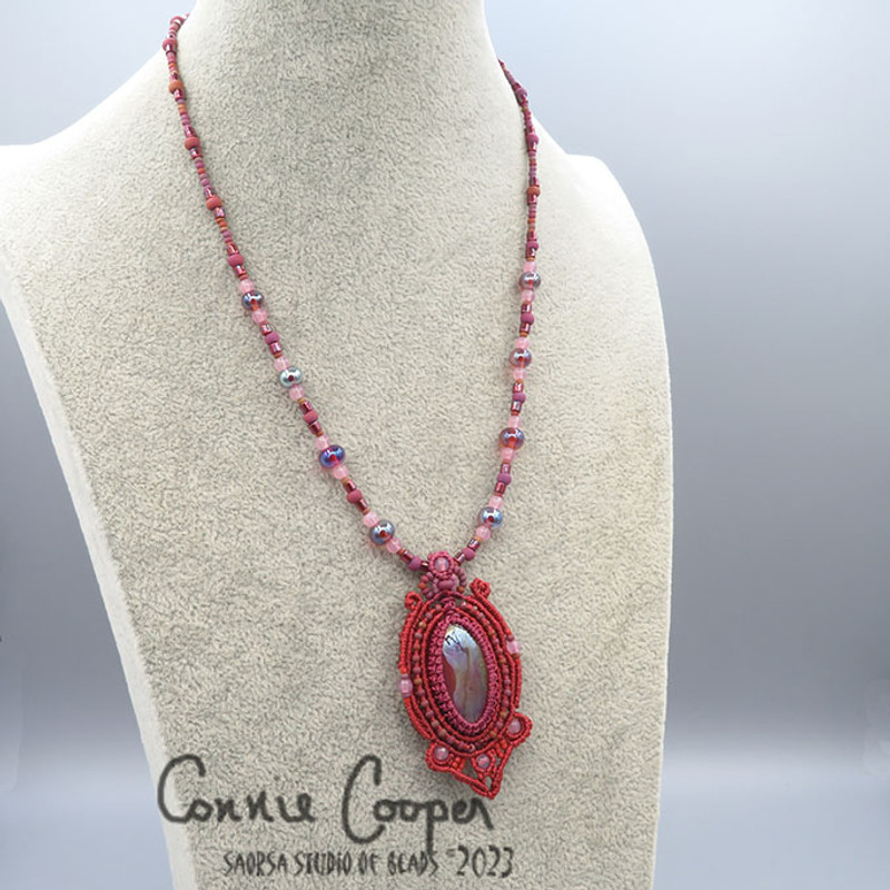 Necklace, Macrame & Lampwork  Cerise &  Venetian Red with Clio Reactive Glass Cab MN23-5712