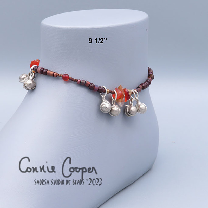 Stone Chip Anklet, Carnelian w/Med Dk Reddish-Brown & Copper Metallic ANK23-6160