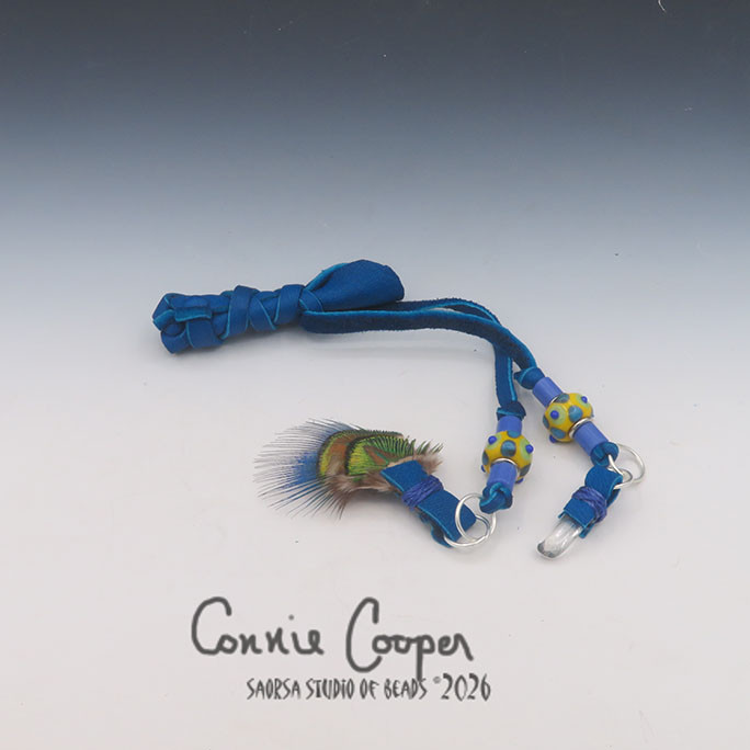 Braid Wrap, Cyan w/Yellow, Blues & Green Beads, Feather & Crystal Charms BW26-7859