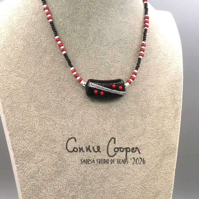 Necklace, Fancy 1-Bead in Black w/White Latticino & Red GBN26-7893