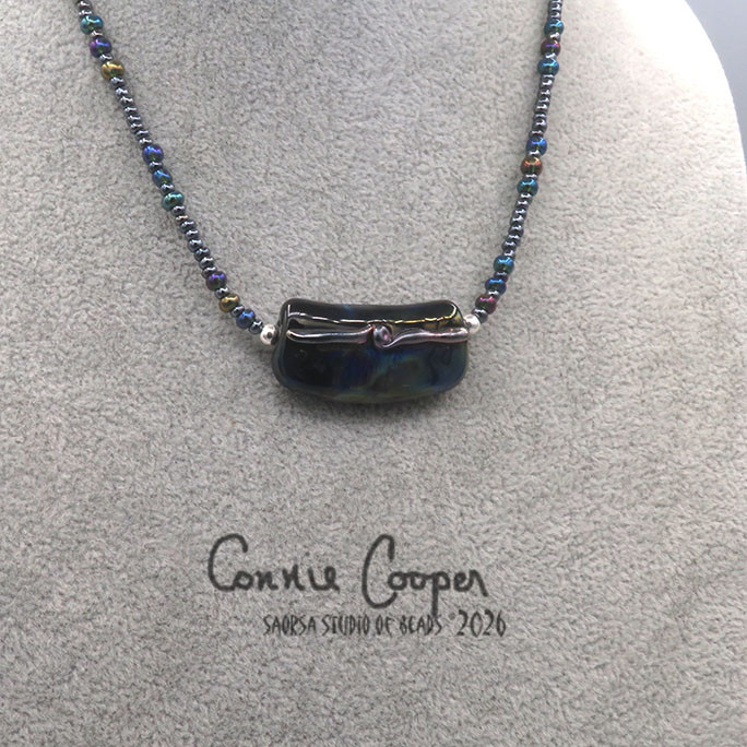 Necklace, Fancy Single Bead, Iris & Metallic Black Abstract  GBN26-8031