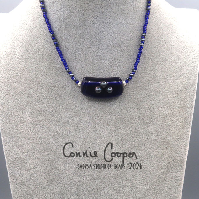 Necklace, Fancy Single Bead, Cobalt & Metallic Black Abstract  GBN26-8130